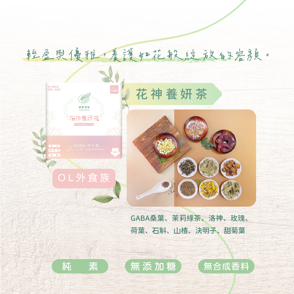 細胞潛能生物科技有限公司 花神養妍茶 flora beauty tea 工作壓力大、喝茶睡不著? GABA草本茶系列是您最佳選擇!以養生理念精選草本配方，無氧狀態烘焙，高含量GABA，照顧不同時段生理需求，花神養妍茶適用OL美妍外食族，MIT台灣製造，3g/10入/盒，天然甘醇，舒緩養生，佳葉龍茶